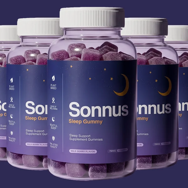 Sonnus sleep gummy bottles with the night-sky indigo label and gold crescent moon